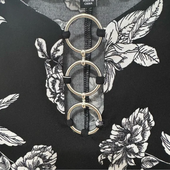 MSK Sleeveless Black Dress White Floral Silver Ringed Neckline Medium Like New - Picture 7 of 8